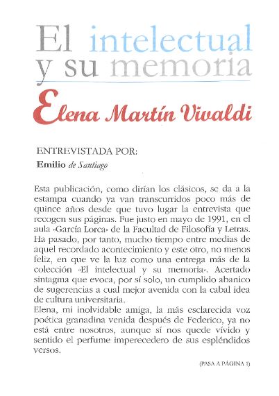 Portada del Libro Elena Martin Vivaldi (El Intelectual Y Su Memoria) de Emilio De Santiago - 9788433839930