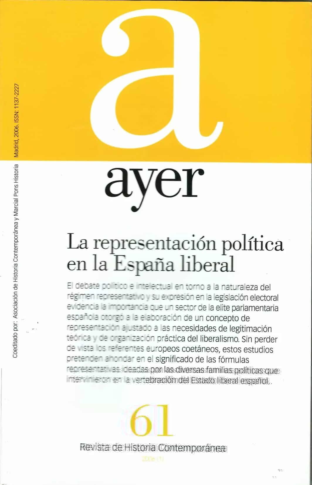 Portada del Libro Ayer Nº 61 (Revista De Historia Contemporanea): La Representacion Poli de Pedro Ruiz Torres - 9788496467279