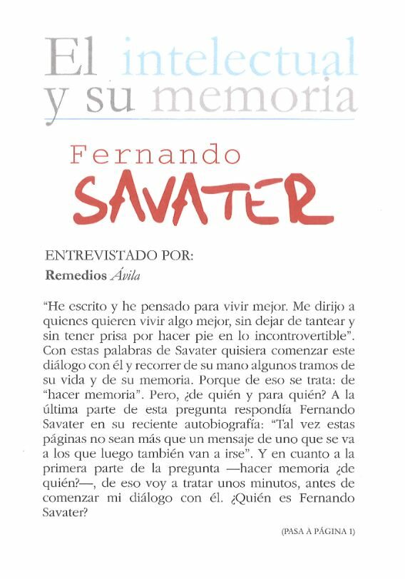 Portada del Libro Fernando Savater: El Intelectual Y Su Memoria de Remedios Avila - 9788433839718